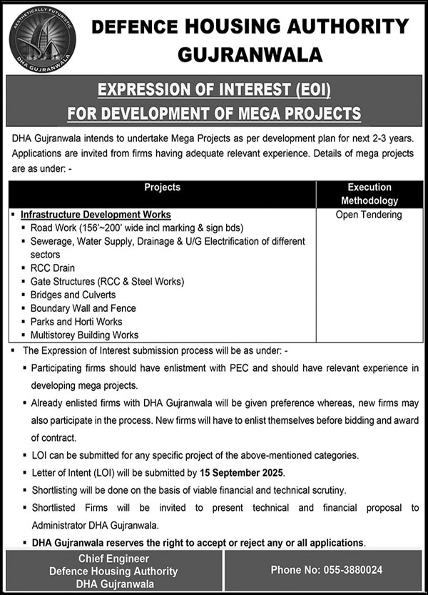 Defence Housing Authority Gujranwala Tender Notice